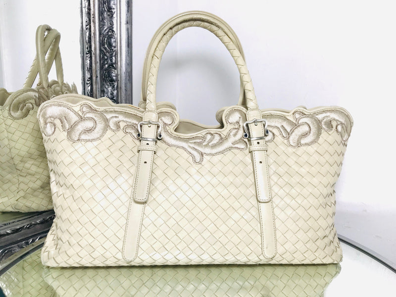Bottega Veneta Embroidered Trim Tote Intrecciato Leather Iconic Woven Structure Ivory Shush At The Wellington St Johns Wood London Buy Sell Consign Preloved Authentic Luxury Designer Ladies Bags