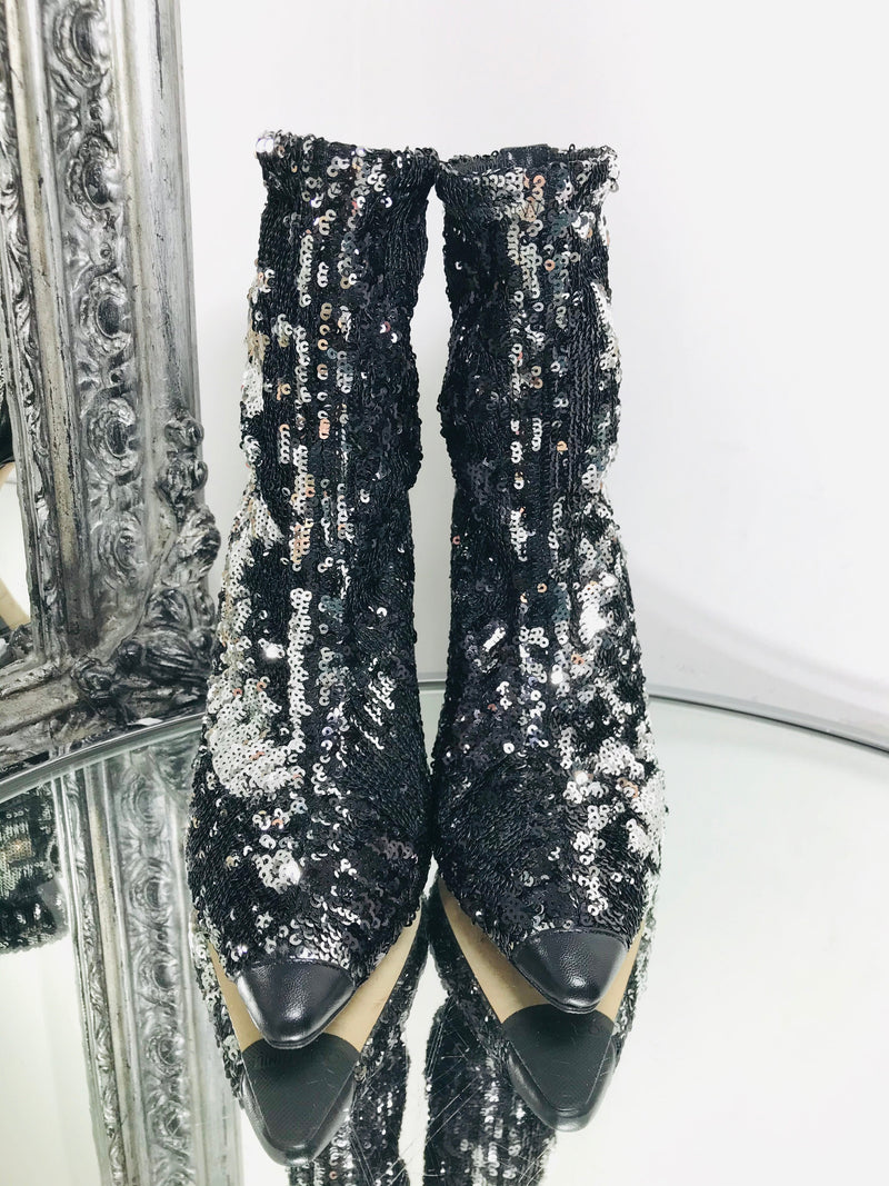 Jimmy Choo Ricky 100 Sock Boots Black Double Faced Sequins Leather Trimmed Size 39 Shush At The Wellington St Johns Wood London Buy Sell Consign Preloved Luxury Authentic Designer Ladies Shoes
