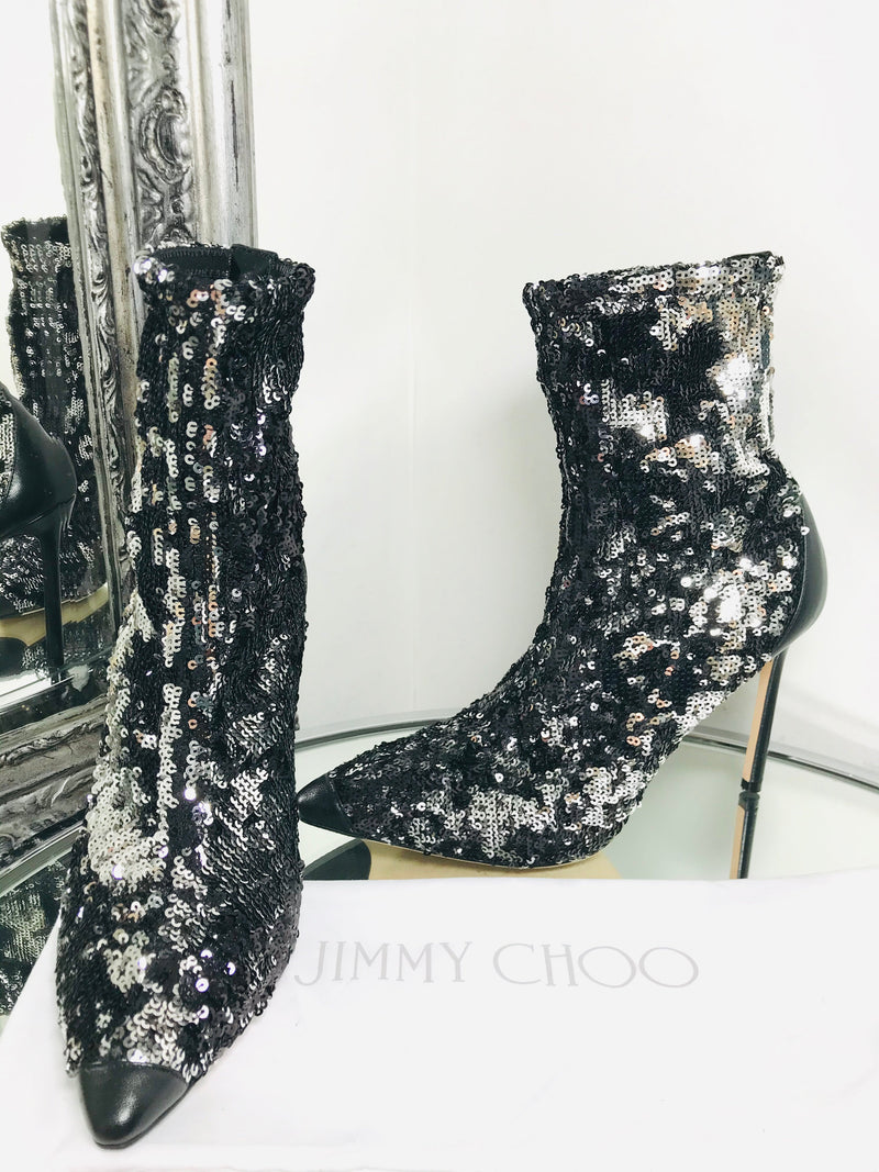 Jimmy Choo Ricky 100 Sock Boots Black Double Faced Sequins Leather Trimmed Size 39 Shush At The Wellington St Johns Wood London Buy Sell Consign Preloved Luxury Authentic Designer Ladies Shoes