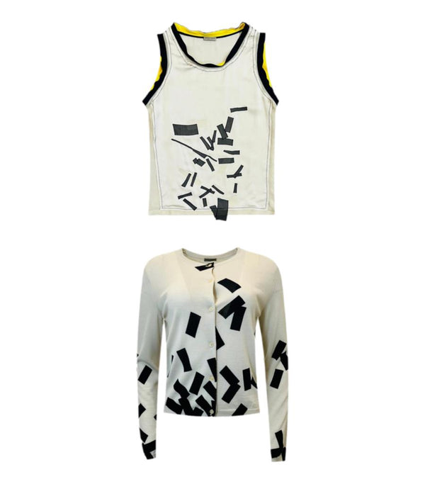 Bottega Veneta 3D Layered Silk & Cashmere Printed Top & Cardigan Set. Size 42IT