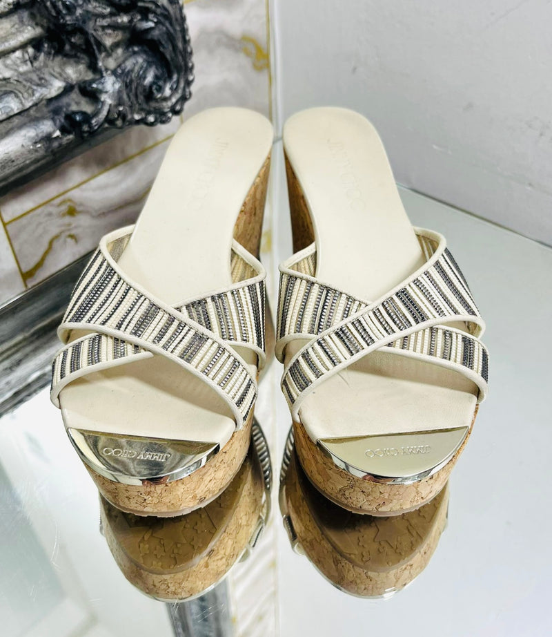 Jimmy Choo Mesh, Leather & Cork Wedge Sandals. Size 37.5