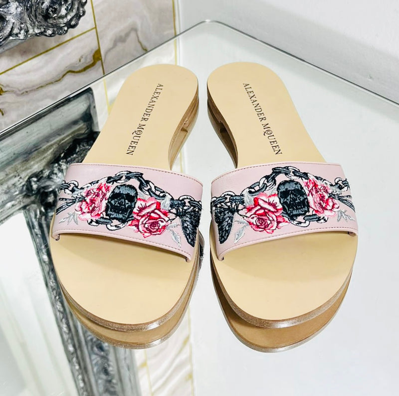Alexander McQueen Leather Skull Embroidered Slides. Size 37