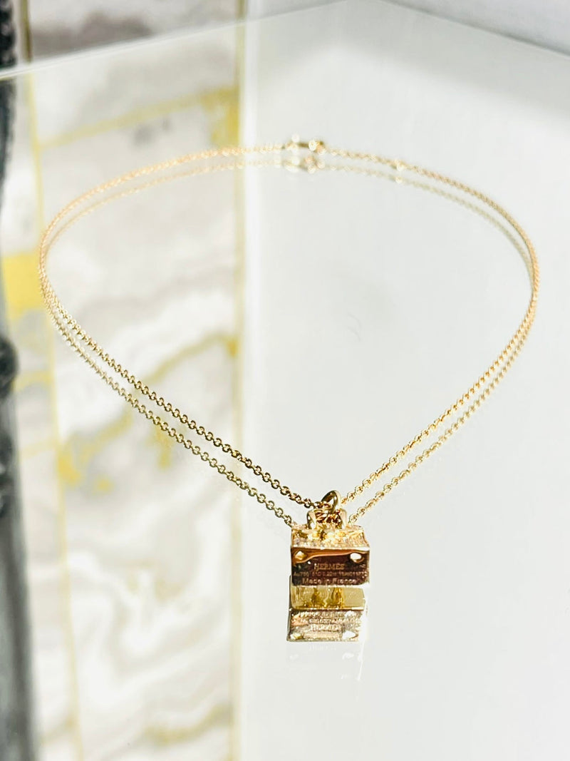 Hermes 18k Rose Gold & Diamond Birkin Amulette Pendant Necklace