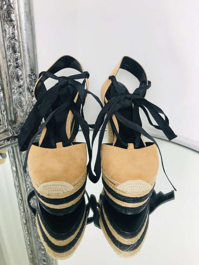 Gucci Wedges Camel Beige Colour Black Tie Details Size 36.5 Never Worn Brand New Shush At The Wellington St Johns Wood London Buy Sell Consign Preloved Authentic Luxury Designer Ladies Shoes