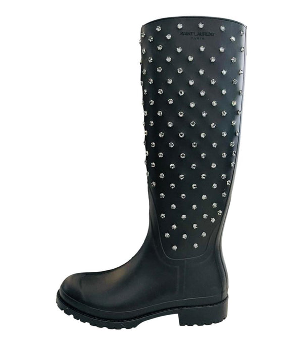 Saint Laurent Festival 25 Crystal Studded Rubber Rain Boots. Size 36