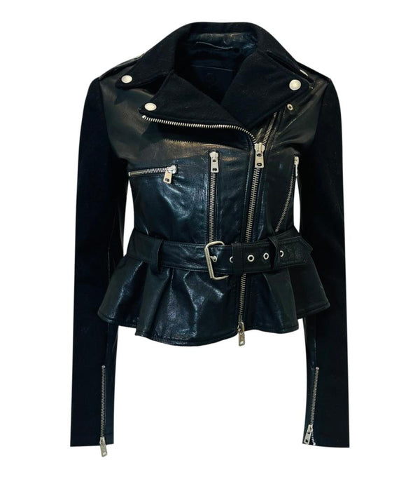 Alexander McQueen Cropped Peplum Leather & Wool Biker Jacket. Size 40IT