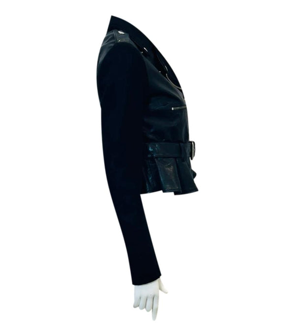 Alexander McQueen Cropped Peplum Leather & Wool Biker Jacket. Size 40IT