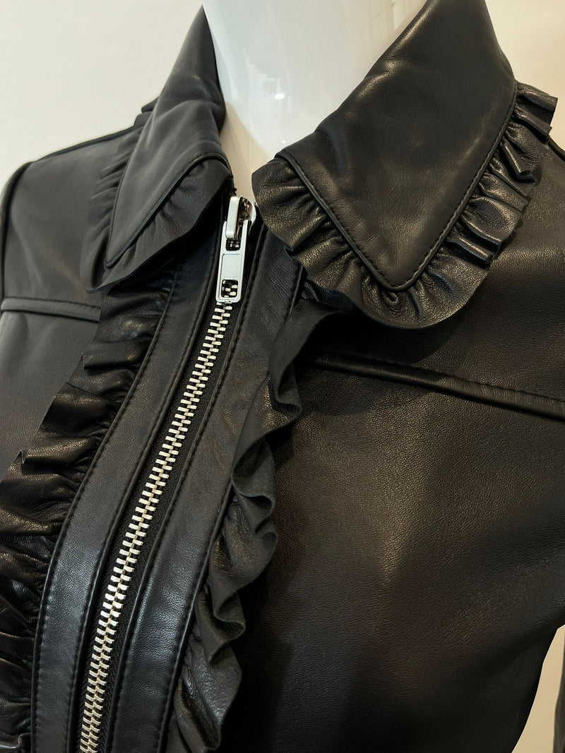 Maje Cropped Ruffled Leather Biker Jacket. Size 38FR