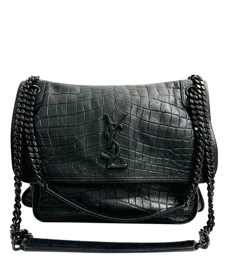 YSL - Saint Laurent Croc Embossed Leather Flap Bag