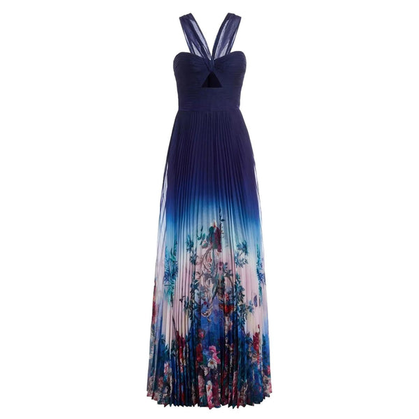 Marchesa Notte Cut-Out Detail Ombre Floral Plisse-Chiffon Gown. Size 2US
