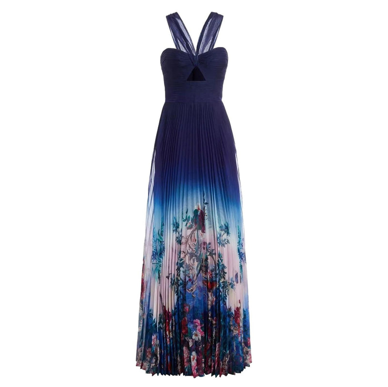 Marchesa Notte Cut-Out Detail Ombre Floral Plisse-Chiffon Gown. Size 2US
