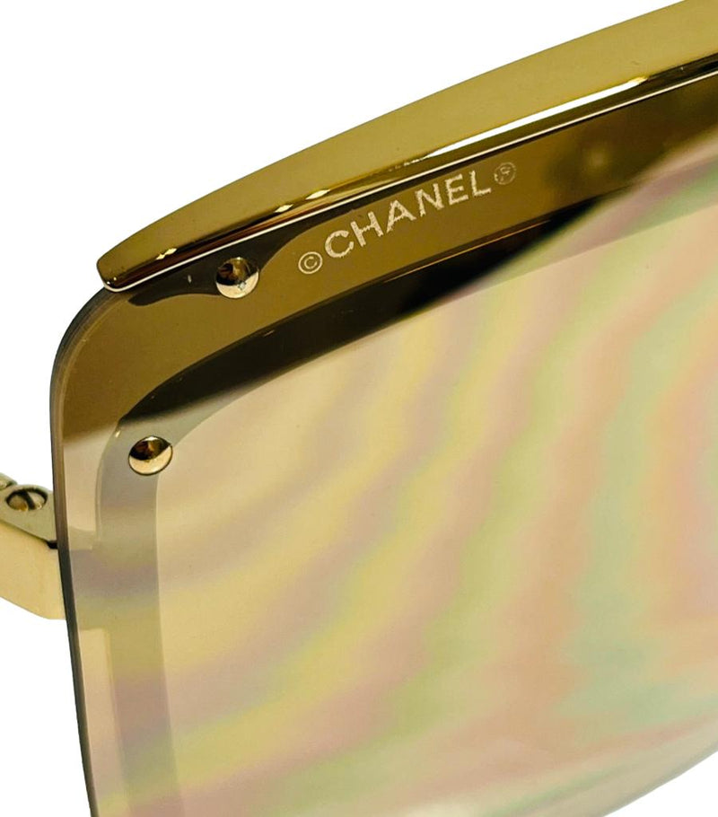Chanel Shield Mirorred Sunglasses With Chain & 'CC' Logo Arms