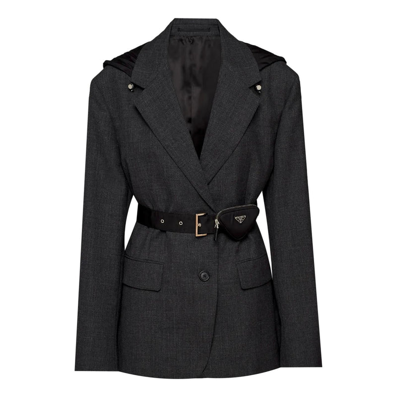 Prada Wool Hooded Gabardine Jacket With A 'Prada' Triangle Logo Pouch. Size 36IT