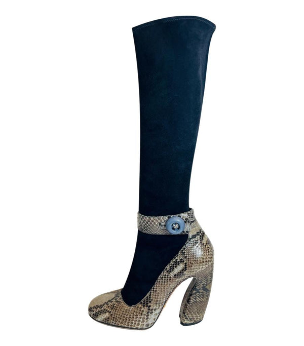 Prada Python Skin & Suede Mary Jane Boots. Size 40.5