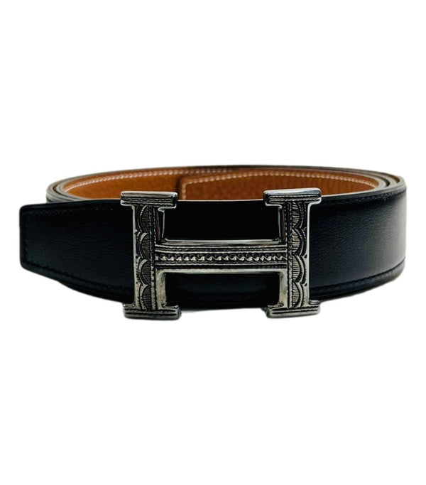 Hermes  Sterling Silver Touareg Buckle & Leather Belt Set