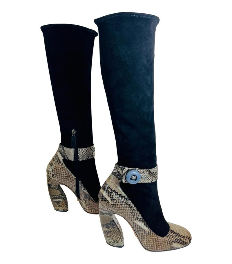 Prada Python Skin & Suede Mary Jane Boots. Size 40.5