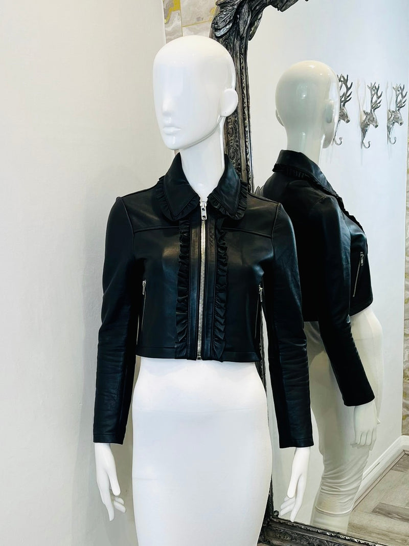 Maje Cropped Ruffled Leather Biker Jacket. Size 38FR