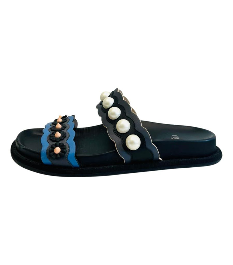 Fendi Pearl Embellished Leather Slides. Size 36