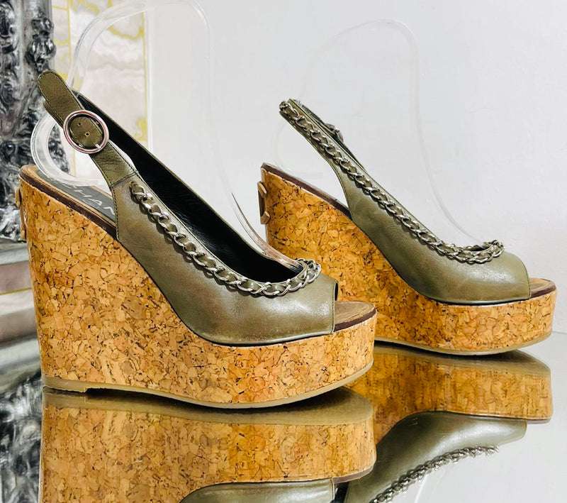 Chanel Chain CC Logo Leather Cork Wedges. Size  36