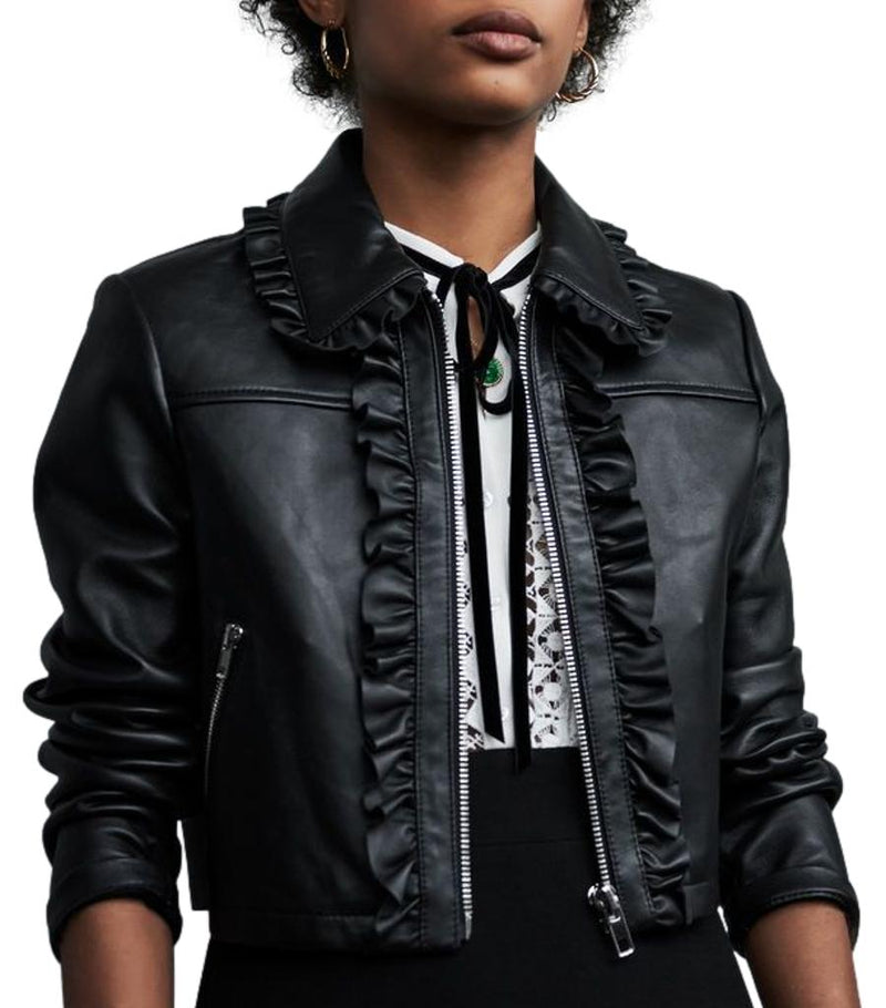 Maje Cropped Ruffled Leather Biker Jacket. Size 38FR