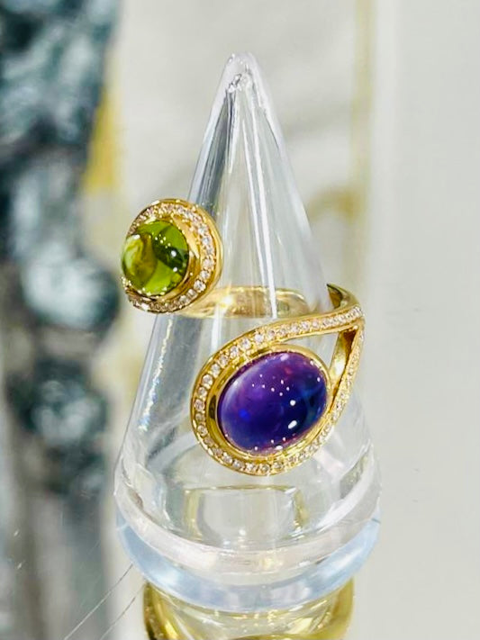 18ct Gold Open Ring With Cabochon Amethyst, Citrine & Diamonds