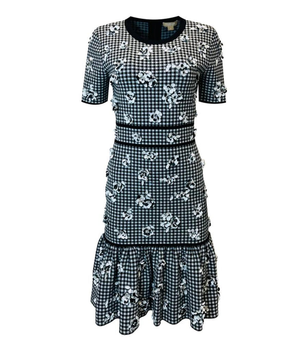 Michael Kors Collection Flower Embellished Gingham Dress. Size M