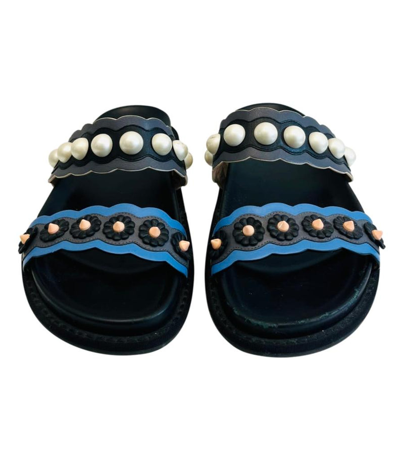 Fendi Pearl Embellished Leather Slides. Size 36