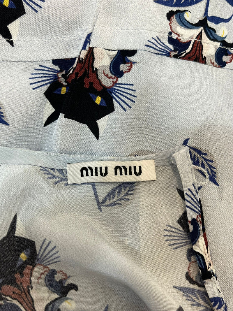 Miu Miu Cat Printed Silk Top. Size 42IT
