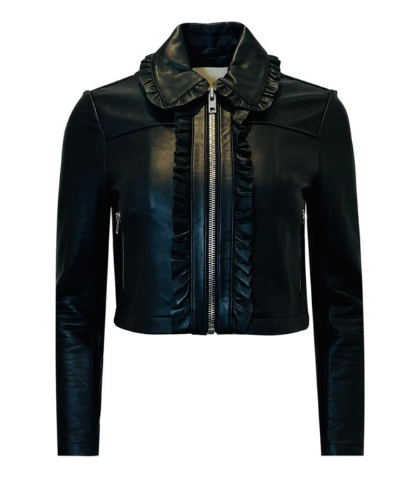 Maje Cropped Ruffled Leather Biker Jacket. Size 38FR