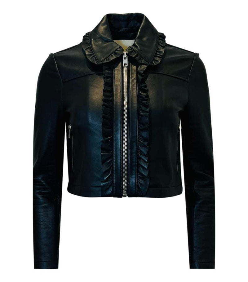 Maje Cropped Ruffled Leather Biker Jacket. Size 38FR