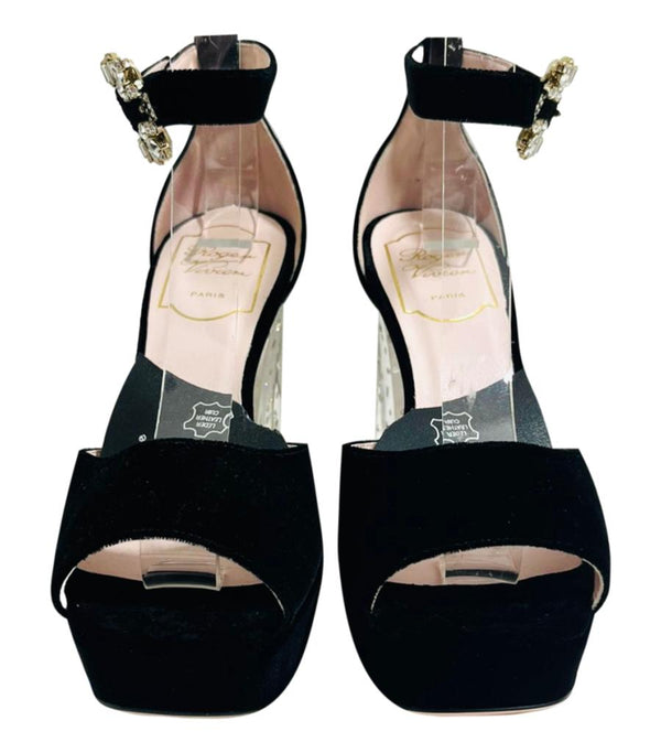 Roger Vivier Crystal Buckle & Perspex Heel Velvet Platform Sandals. Size 36