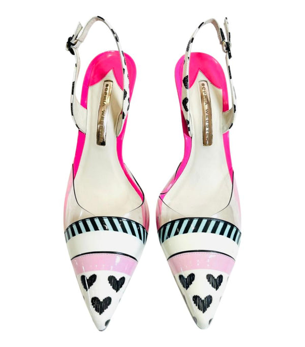 Sophia Webster Heart Printed Patent Leather Slingback Pumps. Size 38