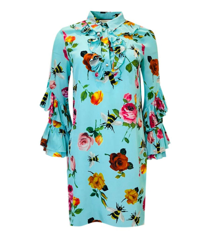Gucci Silk Rose & Bee Print Dress. Size 42IT