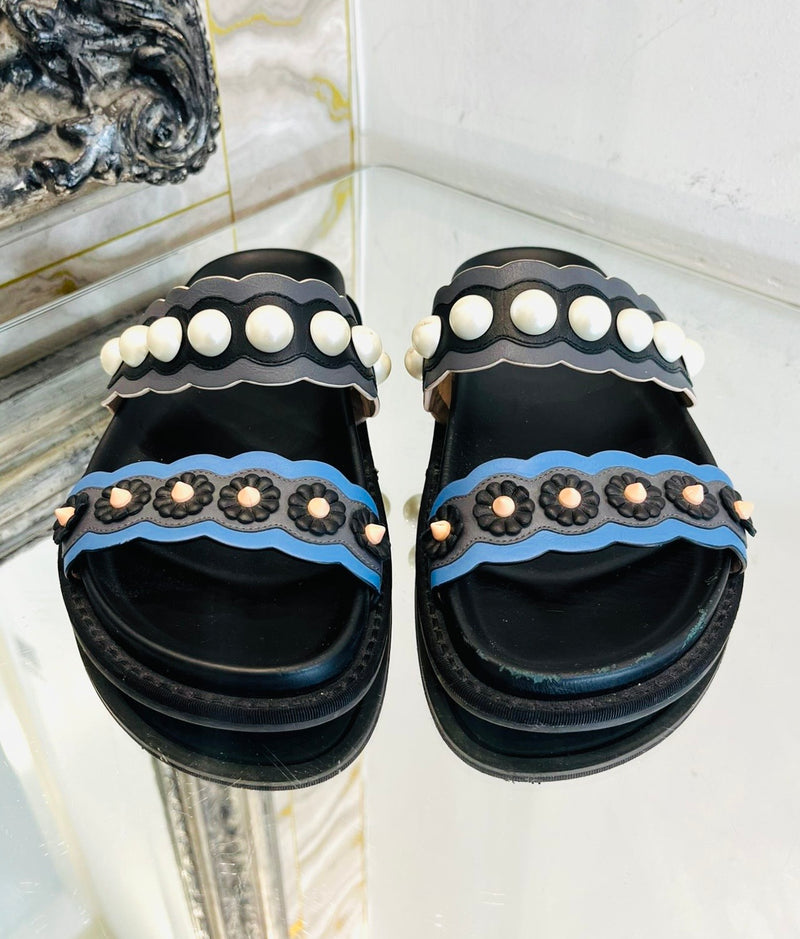 Fendi Pearl Embellished Leather Slides. Size 36