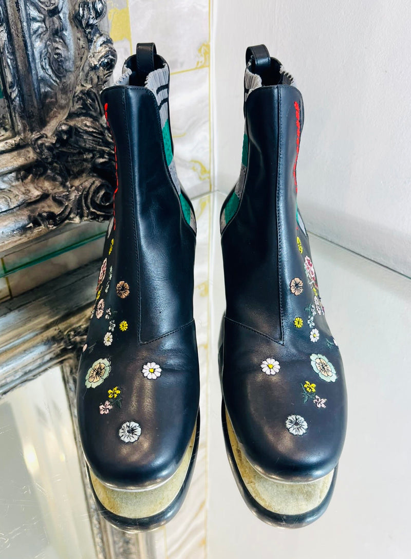 Fendi Floral Embroidered Leather Ankle Boots. Size 37