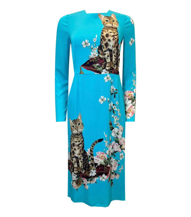 Dolce & Gabbana Silk Cat Print Dress. Size 44IT