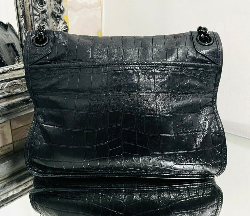 YSL - Saint Laurent Croc Embossed Leather Flap Bag