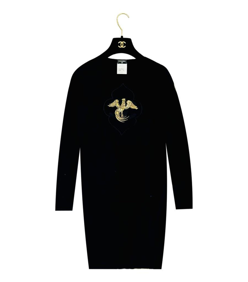 Chanel Cashmere Dress with 'CC' Logo & Embroidered Phoenix. Size 36FR