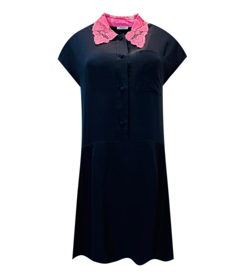 Miu Miu Silk Mini Dress With' Love Heart' Lace Collar. Size 42IT