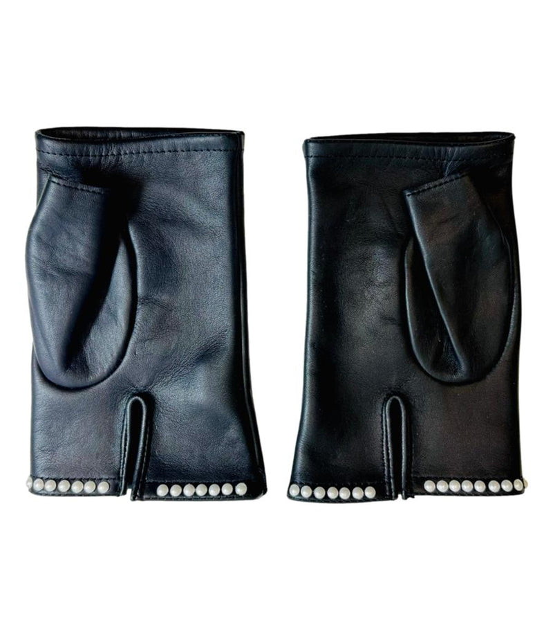 Chanel 'CC' Logo Leather & Pearl Fingerless Gloves