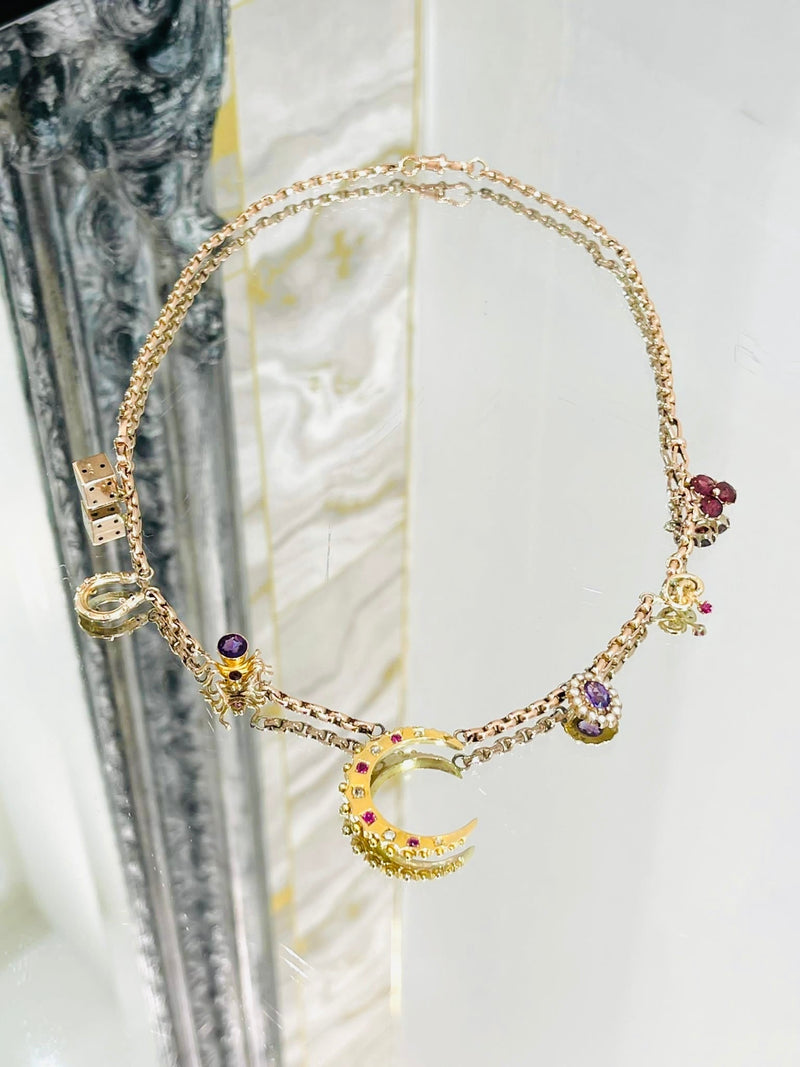 Victorian 15ct Rose Gold, Diamond, Ruby, Amethyst Charm Necklace