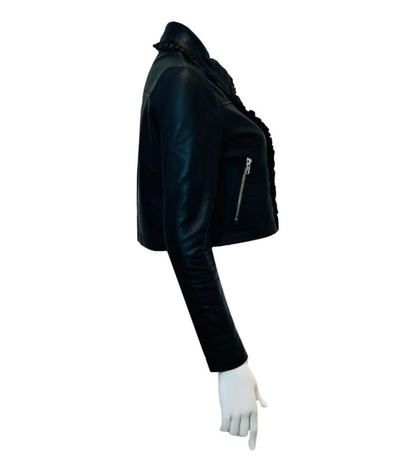 Maje Cropped Ruffled Leather Biker Jacket. Size 38FR