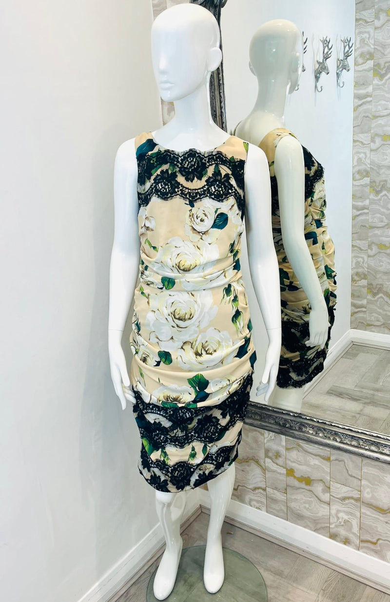 Dolce & Gabbana Rose Print & Lace Trim Dress. Size 44IT