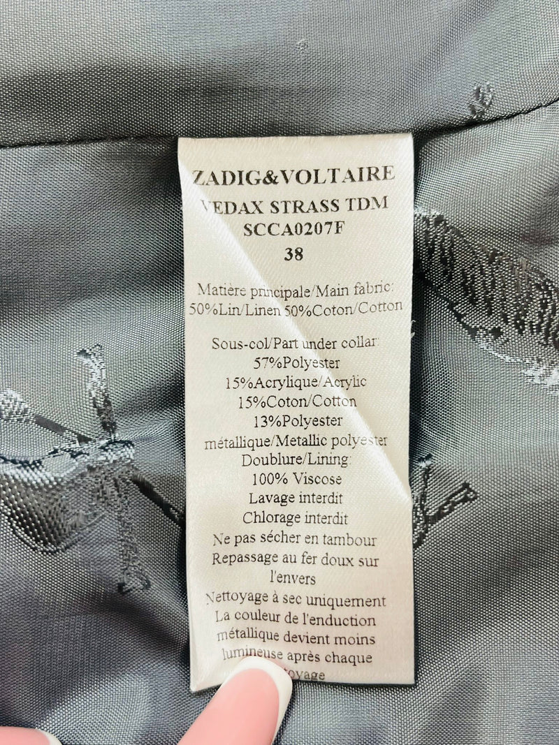 Zadig & Voltaire Skull Embellished Linen & Cotton Blazer. Size 38FR