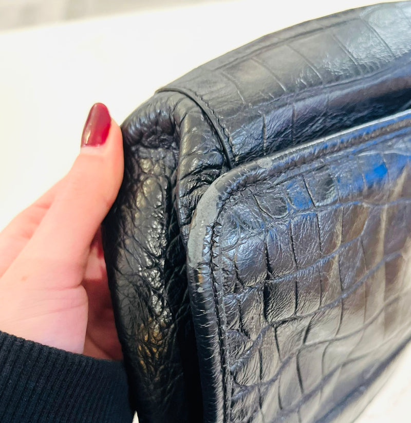 YSL - Saint Laurent Croc Embossed Leather Flap Bag