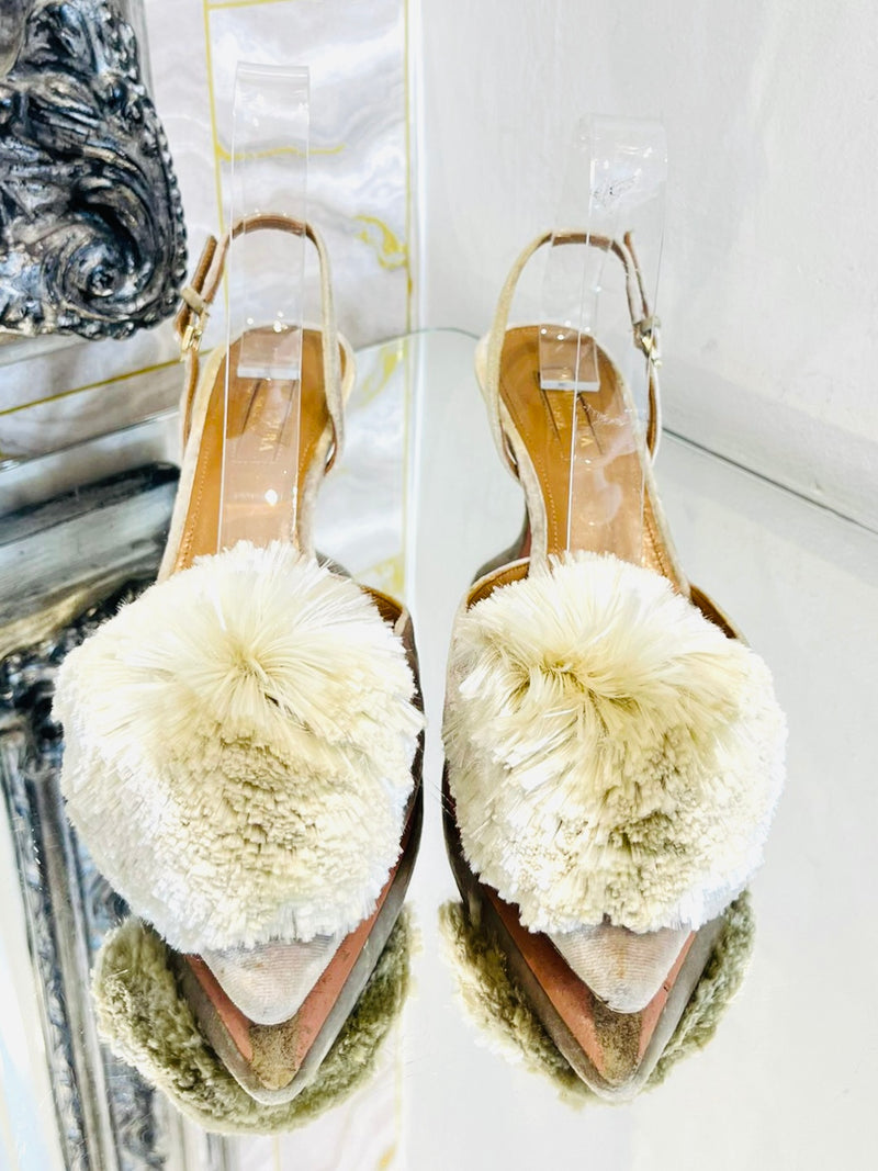 Aquazurra Velvet Pom Pom Slingback Kitten Heels. Size 37.5