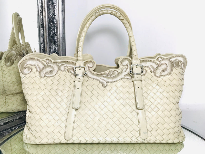 Bottega Veneta Embroidered Trim Tote Intrecciato Leather Iconic Woven Structure Ivory Shush At The Wellington St Johns Wood London Buy Sell Consign Preloved Authentic Luxury Designer Ladies Bags