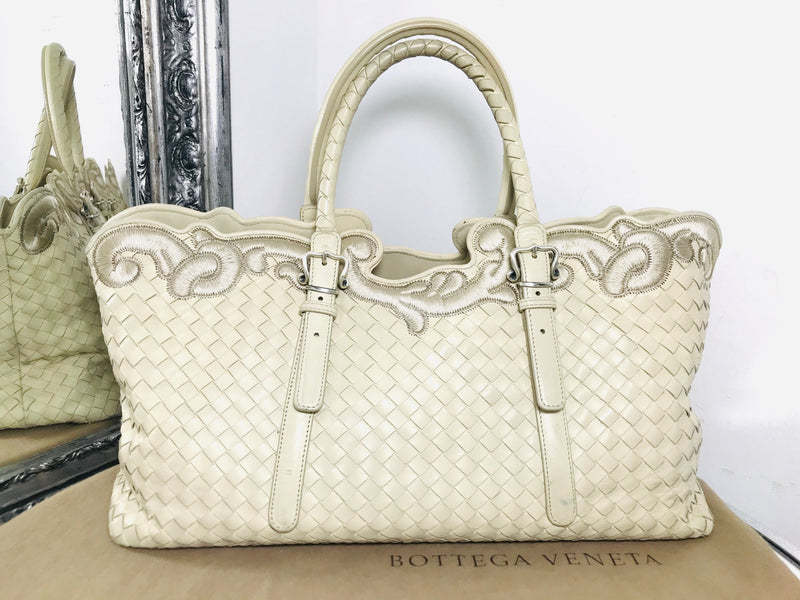 Bottega Veneta Embroidered Trim Tote Intrecciato Leather Iconic Woven Structure Ivory Shush At The Wellington St Johns Wood London Buy Sell Consign Preloved Authentic Luxury Designer Ladies Bags