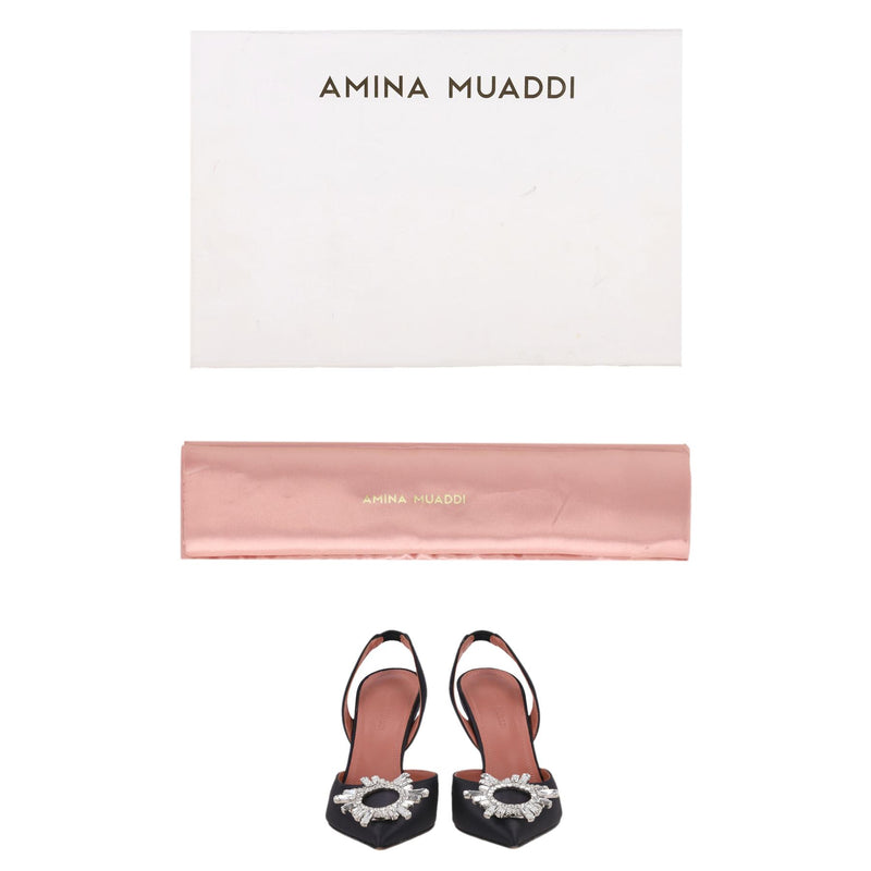 Amina Muaddi Jewelled Brooch Satin Slingback Heels. Size 35.5
