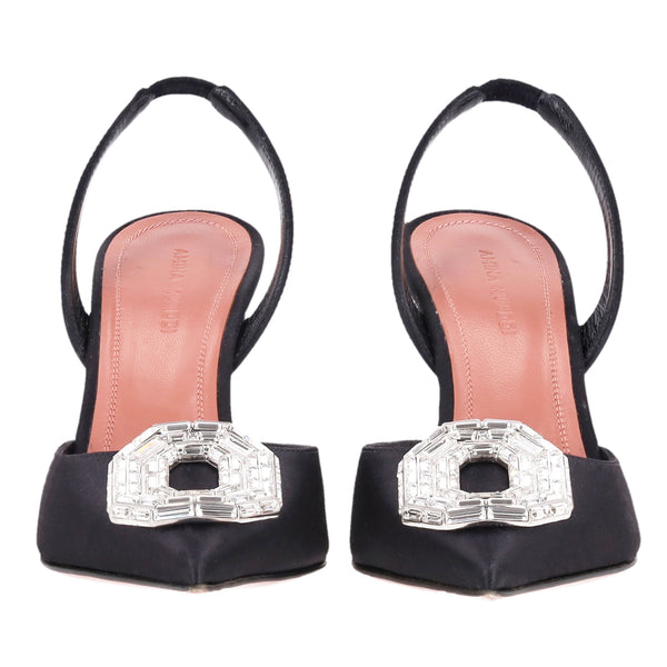 Amina Muaddi Camelia Crystal-Embellished Satin Slingback Heels.Size 35.5